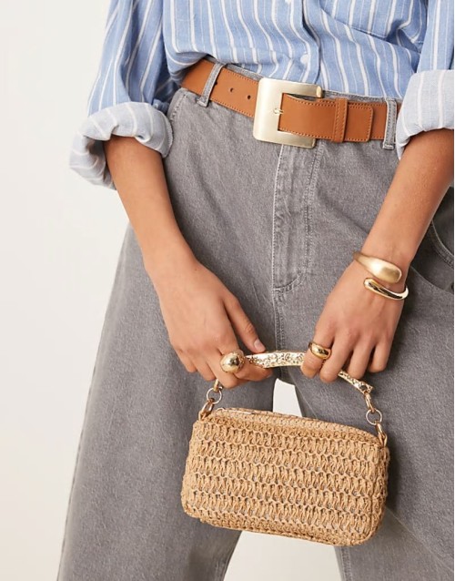 hammered top handle straw grab bag with detachable crossbody strap