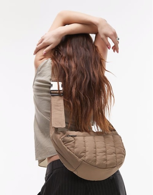 Cora nylon quilt cross body bag with front pocket in mink