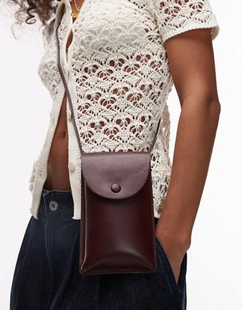 leather cross body phone case in burgundy