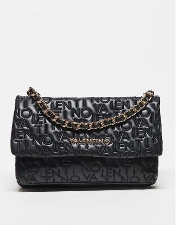 Valentino dram embroidered logo crossbody bag with chain strap in black