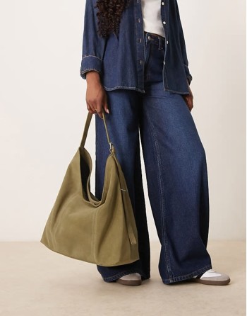 suede slouch buckle tote bag in khaki