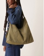 suede slouch buckle tote bag in khaki