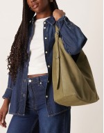 suede slouch buckle tote bag in khaki