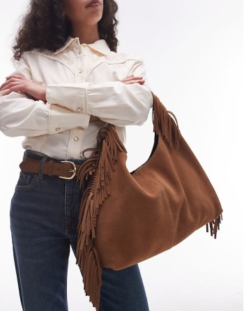 slouchy suede leather fringe shoulder bag in brown