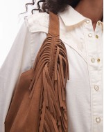 slouchy suede leather fringe shoulder bag in brown
