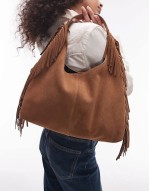 slouchy suede leather fringe shoulder bag in brown