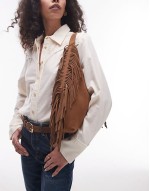 slouchy suede leather fringe shoulder bag in brown