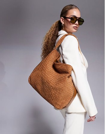 suedette woven slouch bag in brown