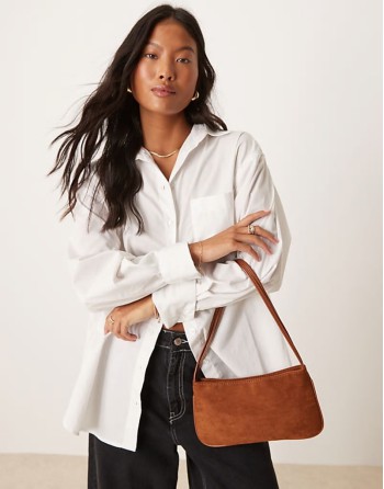 faux suede shoulder bag with skinny straps in brown
