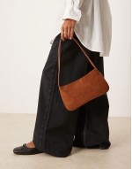 faux suede shoulder bag with skinny straps in brown