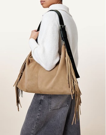 Edbury suede fringe shoulder bag in mink brown