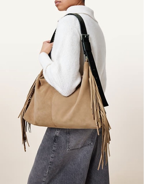Edbury suede fringe shoulder bag in mink brown