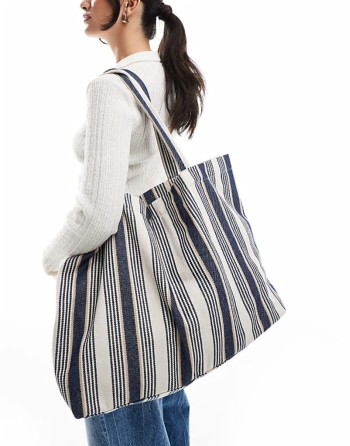 large stripe tote bag in navy blue