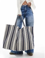 large stripe tote bag in navy blue
