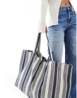 large stripe tote bag in navy blue