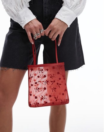 floral detail mesh bag in red